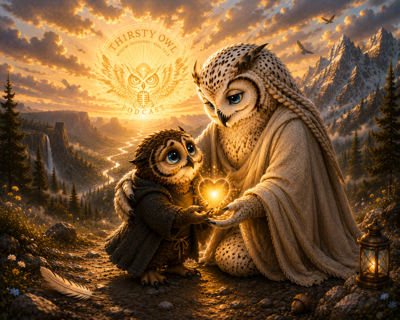 A wise white owl and a young owl sharing a glowing heart at sunrise