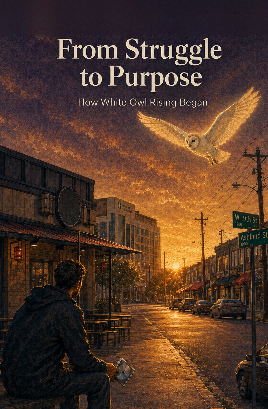 From Struggle to Purpose — How White Owl Rising Began: a man sits at a Houston street corner at sunrise as a white owl flies overhead.