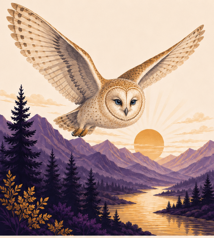 Owl flying over a sunrise valley