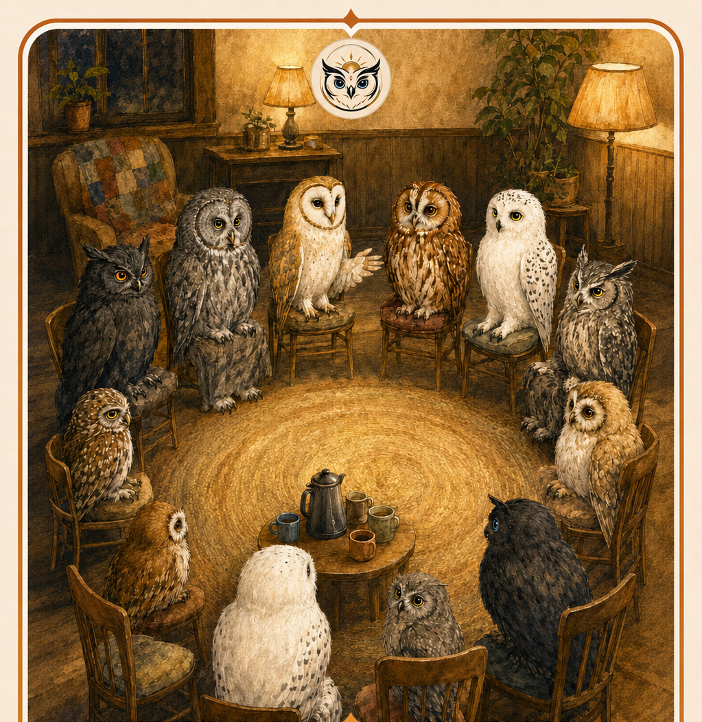 Illustration of owls seated together in a recovery meeting circle